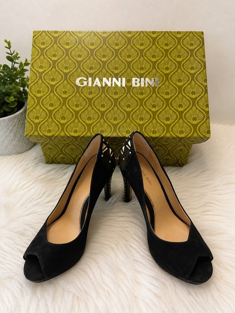 Gianni Bini Black Suede Peep-Toe Heels with Studded Back